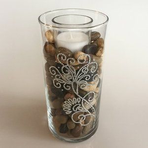 Candle holder, vase, tall. Two-sided, same design, silver rhinestones